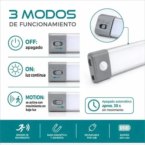 Lámpara Barra LED Recargable con Sensor de Movimiento, 30 cm