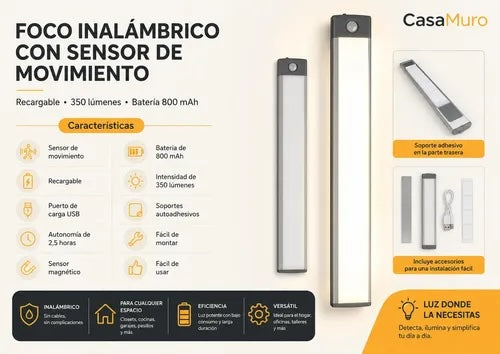 Lámpara Barra LED Recargable con Sensor de Movimiento, 30 cm